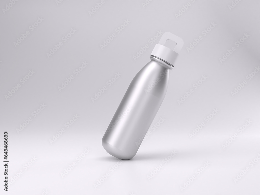 3D render empty white metal bottle mockup template photo with white background side angle view. 3D render empty white metal bottle mockup template photo with white background side angle view.