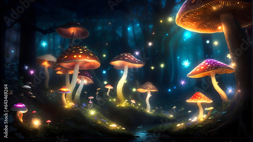 An Enchanted Forest with Glowing Mushrooms and Firefly Magic Generated Ai