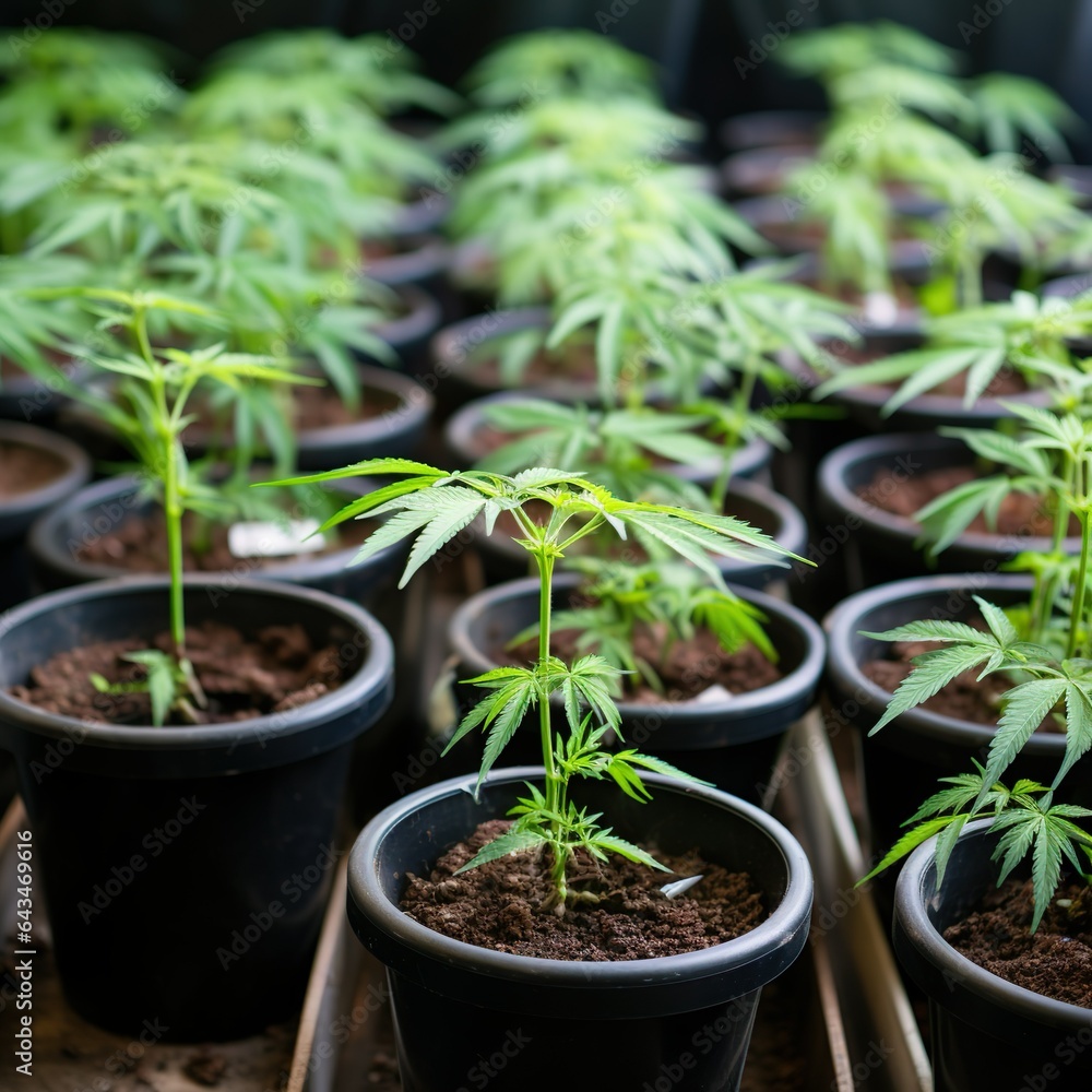 Cannabis cuttings in pots, young marijuana plants, small cannabis plants in cultivation, close-up, top view, Cannabis cuttings in pots, young marijuana plants, small cannabis plants in cultivation, close-up, top view,