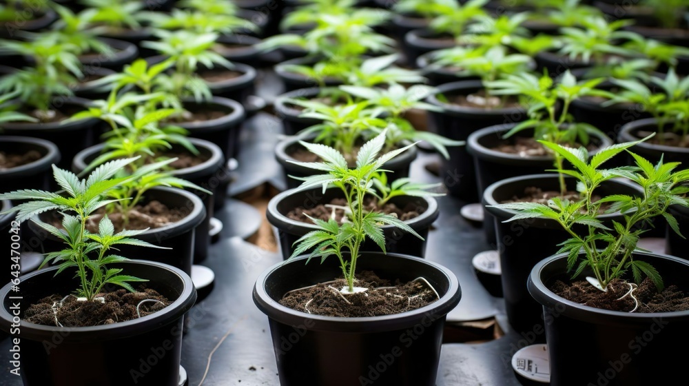 Cannabis cuttings in pots, young marijuana plants, small cannabis plants in cultivation, close-up, top view, Cannabis cuttings in pots, young marijuana plants, small cannabis plants in cultivation, close-up, top view,