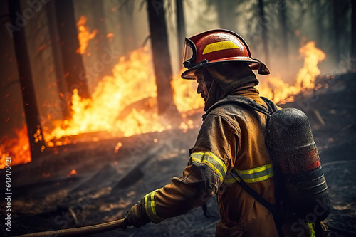 Heroic Efforts Capturing the Bravery of a Firefighter Battling a Raging Forest Fire to Protect Nature's Sanctuary. created with Generative AI