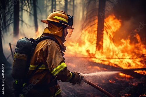 Heroic Efforts Capturing the Bravery of a Firefighter Battling a Raging Forest Fire to Protect Nature's Sanctuary. created with Generative AI photo