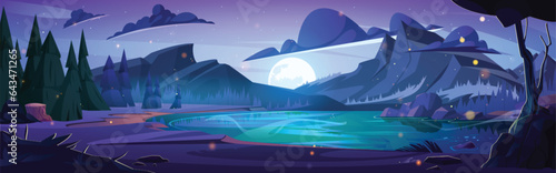 Night forest mountain lake cartoon background. River water in beautiful valley in summer above moonlight. Outdoor nature park game environment at nighttime illustration. Full moon in sky with cloud