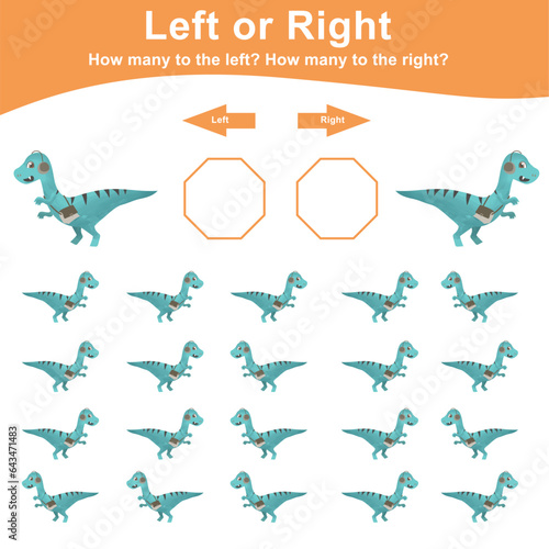 Left or Right math game for preschool. Counting how many cute baby dino are left and right. Cute and kawaii baby dino vector in cartoon style. Math worksheet for kids. 