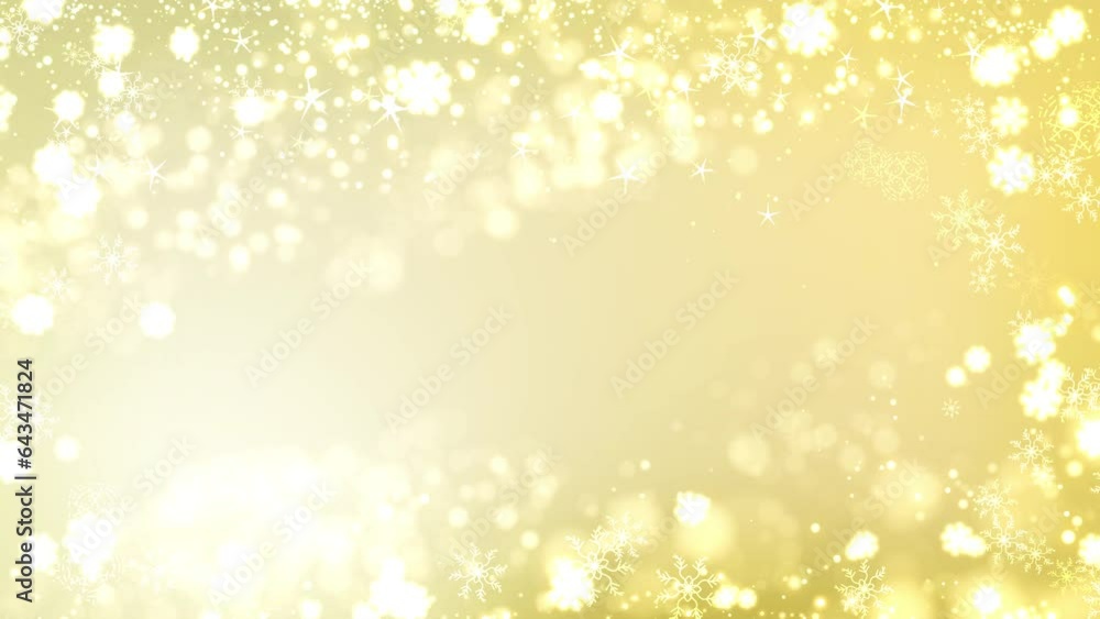 Festive gold glitter and snowflake animation with sparkling stars, perfect for New Year celebration invitations. Festive gold glitter and snowflake animation with sparkling stars, perfect for New Year celebration invitations.