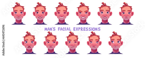 Man facial expression cartoon vector set - young guy face with different emotions. Male avatar with neutral appearance and sad, laughing and angry, embarrassed and surprised, winking his eye.