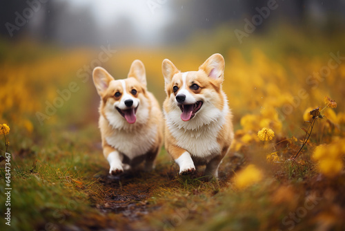 Two corgi dogs walking in a autumn park