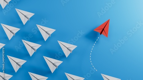Different business concept.Red paper plane changing direction from white paper plane. new ideas. paper art style. creative idea.3D rendering on blue background. 