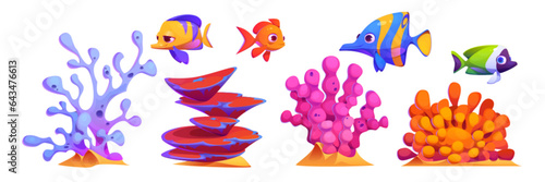 Underwater plants and animals - seaweed, coral reef and fish cartoon vector illustration set. Bright colorful marine or aquarium creatires. Sea and ocean bottom tropical aquatic bright habitat.