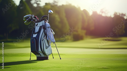 Generative AI, a sports bag with golf clubs stands on a green golf course, a professional elite golf club, a place for text, a lifestyle, an advertisement for a sports store photo