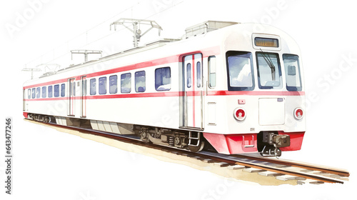斜め手前から見た赤い電車の水彩イラスト