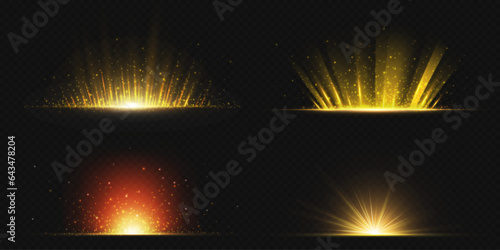 Gold explode sun light ray glow vector effect. Star burst flare with sparkle and glitter set. Abstract bright energy explosion on black background. Realistic starlight design with golden neon halo