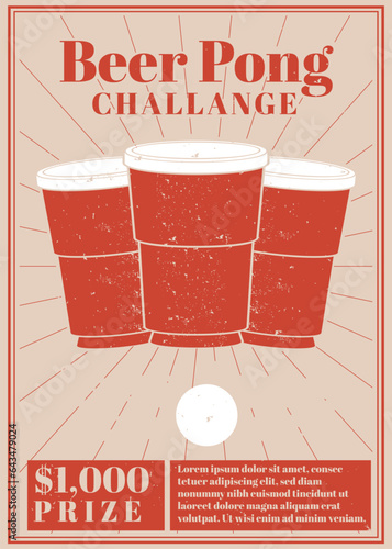 hand drawn three cups with ping pong ball.beer pong challange poster template.  beer pong vector illustration 