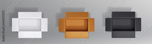 Open 3D cardboard box mockups isolated on transparent background. Vector realistic illustration of empty white, brown, black carton packages for parcel, goods delivery, cargo shipping services