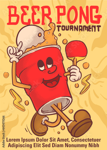 beer pong tournament poster. beer glass mascot with ping pong bat. vector illustration poster template