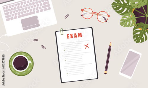 Top view teacher workplace. Answer sheet after exam. School and college education concept. Vector illustration in flat cartoon style.