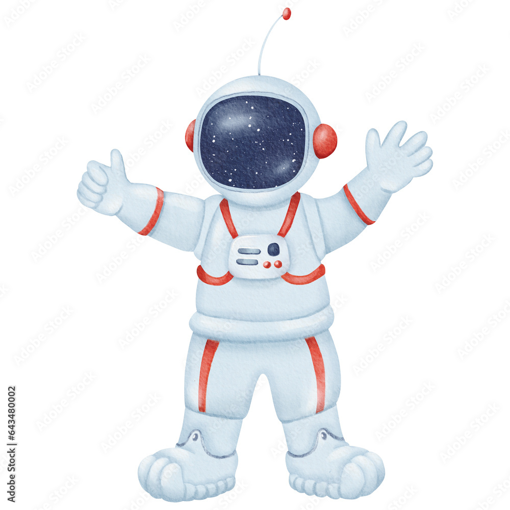 Fototapeta premium Cheerful astronaut waves their hand. Person in a spacesuit. Character stands in a helmet. Space travel, science fiction. Bright colors, illustration for children. Watercolor isolated illustration