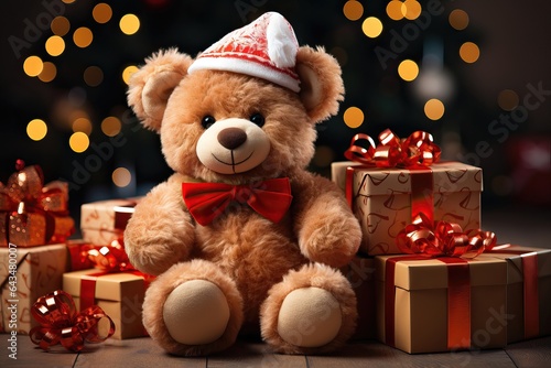 A delightful Christmas background image for creative content, featuring a teddy bear seated amidst beautifully wrapped presents adorned with red ribbons. Photorealistic illustration, Generative AI © DIMENSIONS