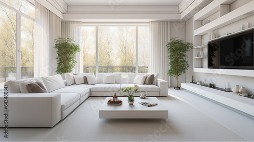 Discover Tranquility Inside a White Living Room Bathed in Natural Light and Adorned with White Furniture. created with Generative AI