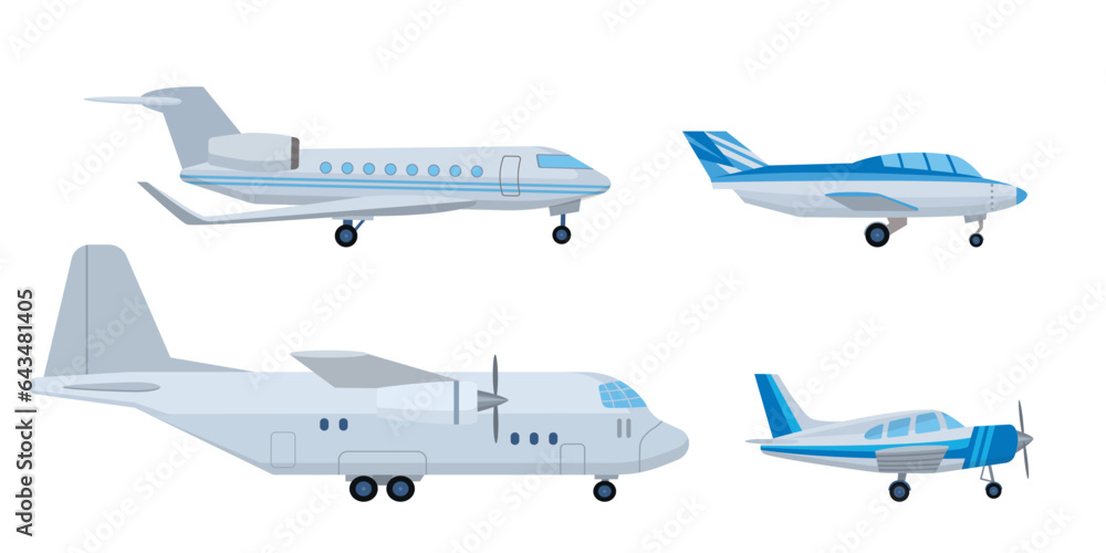 Cartoon set of civil, cargo, private aircraft. Vector illustration isolated on white background.
