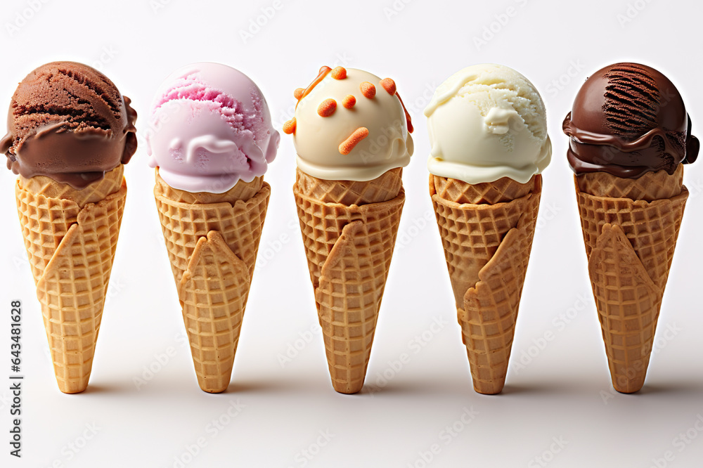 Assorted Ice Cream Flavors on Waffle Cones Create a Captivating Mockup Canvas for Artwork Design. created with Generative AI Assorted Ice Cream Flavors on Waffle Cones Create a Captivating Mockup Canvas for Artwork Design. created with Generative AI
