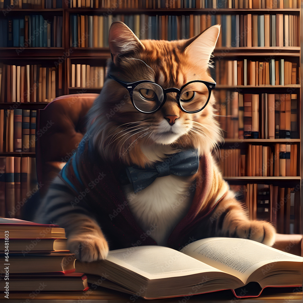 cat reading book in library