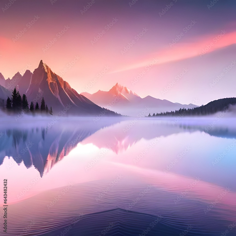 3d render, fantasy landscape panorama with mountains reflecting in the water.AI generated