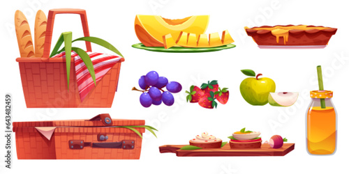 Picnic basket for park party vector illustration isolated icon set. Fruit, bread ham, juice, grapes, strawberry and pie meal for outdoor garden lunch. Takeaway healthy product clipart element