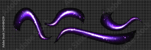 Magic dust with sparkle and glitter light vector effect. Purple swirl trail with glow particle. Fairy tale witch neon wave from wand spell. Abstract 3d stardust twinkle shiny magician overlay texture.