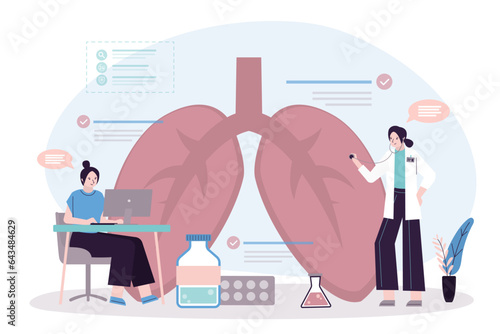Checkup of lungs and respiratory system. Medical staff search for harmful bacteria, germs and pathogens. Woman doctor examines lungs. Laboratory researches and analyses.