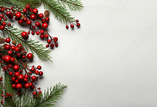 Red berries and pine tree branches Natural decoration for Christmas Space for text. Made with Generative AI 