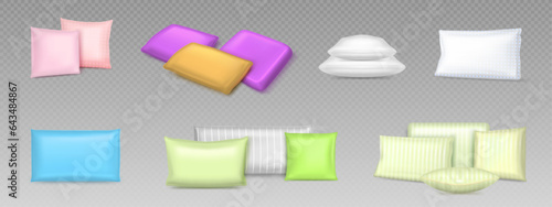 3d isolated color bed pillow stack vector mockup. Inflatable and soft square shape cushion pile. Fabric orthopedic pillowcase template in purple and blue set. Puffy satin or cotton bedroom object