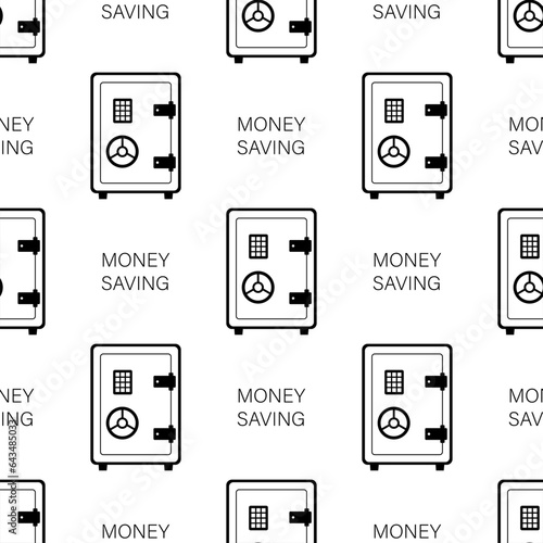 Metal bank safe seamless pattern. Closed safe on white background. Money saving, closed steel safe. reliable protection. Monochromatic texture decoration.