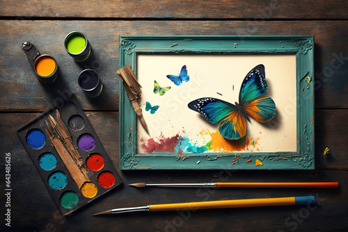 Designer oil paint palette with brushes, palette knife, and picture frames with a butterfly on a weathered wooden background. Oil painting master class advertisement. Generative AI