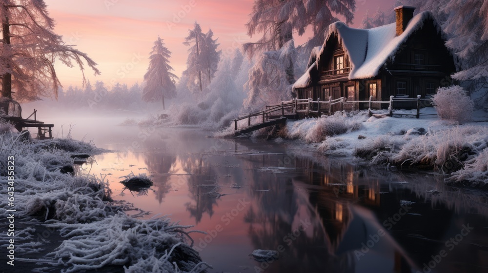 BREATHTAKING NATURE'S BEAUTY CAPTURED IN A SERENE WINTER MORNING LANDSCAPE WITH REFLECTIONS.