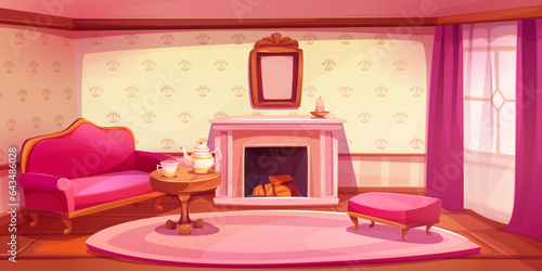 Victorian style living room interior with pink furniture and fireplace. Cartoon house inside with vintage wallpaper on walls, large window with curtains, sofa and cup of tea with kettle on small table