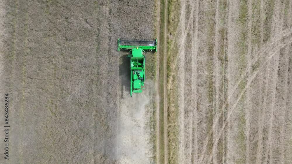A view of efficient combined harvesting in action when one directly under the drone camera A view of efficient combined harvesting in action when one directly under the drone camera