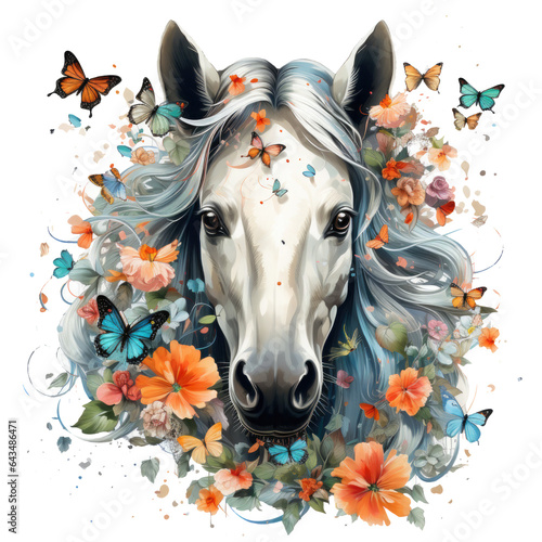 Watercolor Cute unicorn with flowers and butterflies T-shirt Design, In a realm of dreams, Generative Ai