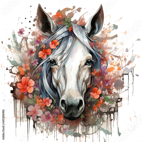 Watercolor Cute unicorn with flowers and butterflies T-shirt Design, The unicorn stands within an enchanted forest, Generative Ai