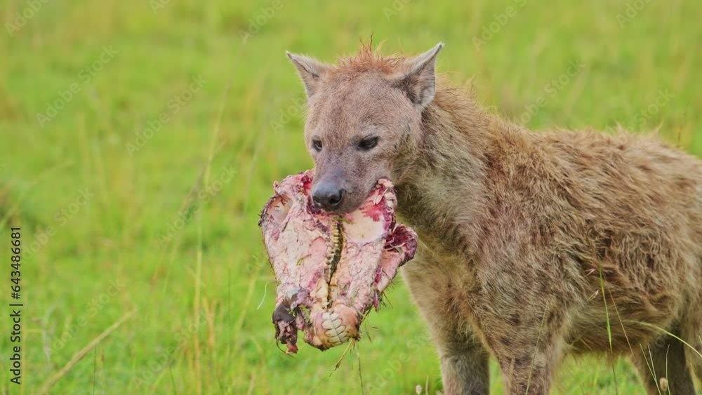 Slow Motion Shot of Hyena alone with prey walking through the tall grass with scavenged food to eat, African Wildlife in Maasai Mara National Reserve, Kenya Slow Motion Shot of Hyena alone with prey walking through the tall grass with scavenged food to eat, African Wildlife in Maasai Mara National Reserve, Kenya