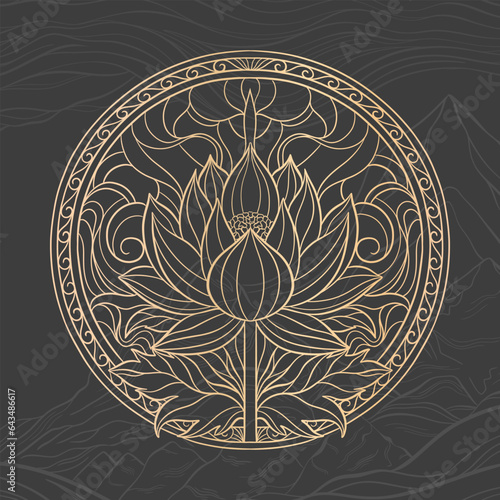 Elegant lotus flower bud and leaf in circle.The round design is made for oriental motif ornament.