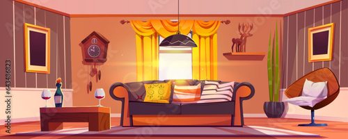 Flat living room with sofa luxury design vector. Wine bottle and glass on table inside modern livingroom apartment. Carpet, lamp, armchair element and picture on wall indoor furnished light house