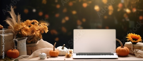Laptop computer mock up white empty blank screen template Happy Halloween pumpkins decorations background, Thanksgiving digital online shopping website promo fall sale promotion offer ads, mockup.