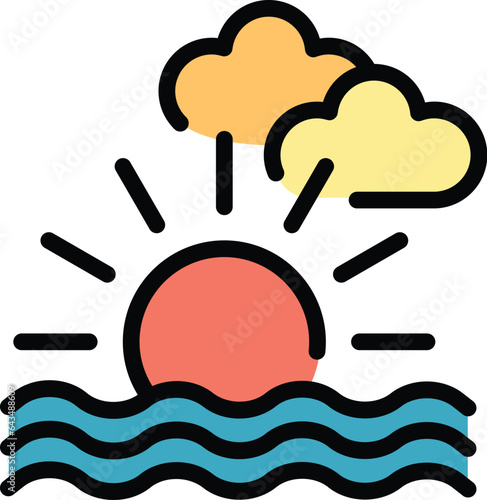 Beach sunset icon outline vector. Extreme surfing. Kite wind color flat