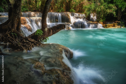 Long-exposure scene of Kuangsi Waterfall (Tat Kuangsi) in Luang Prabang, Laos. photo