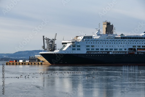 D F D S passenger freighter roll on roll off ro-ro pax cruise ferry Pearl in port of Oslo, Norway with city skyline, yachts, marine vessels and harbor infrastructure photo