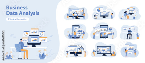 vector business data analytics research and Data Scientist concept. set illustration design marketing  team meeting and working on report dashboard monitor. business finance investment planning 