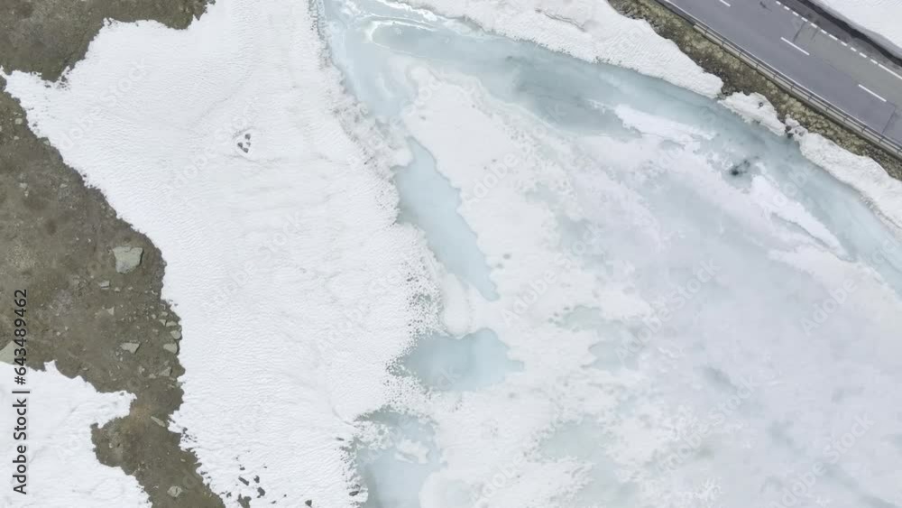 Ice floes and snow cover at Lai Nair, drone image, aerial photo, Flueelapass, Grisons, Switzerland, Europe Ice floes and snow cover at Lai Nair, drone image, aerial photo, Flueelapass, Grisons, Switzerland, Europe