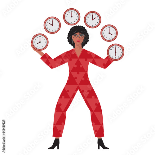 Woman juggling with clocks, dressed in jigsaw pieces. Isolated. Time management and stress. Vector illustration.
 photo