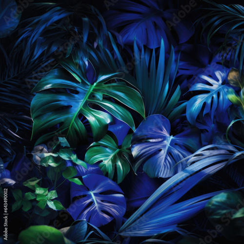 Exotic tropical background with Hawaiian plants. Indigo tropical pattern with monsteras and sabal palm leaves. AI Generation